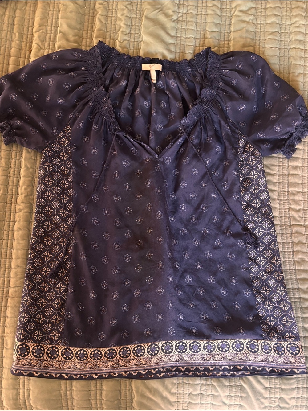Joie Navy Blue Short Sleeve Printed Peasant Blouse